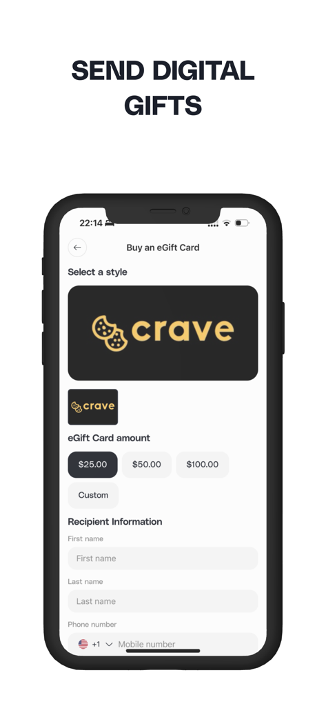 Crave Cookies - On Demand - Pantalla de la app móvil Crave Cookies para comprar y enviar tarjetas de regalo digitales.