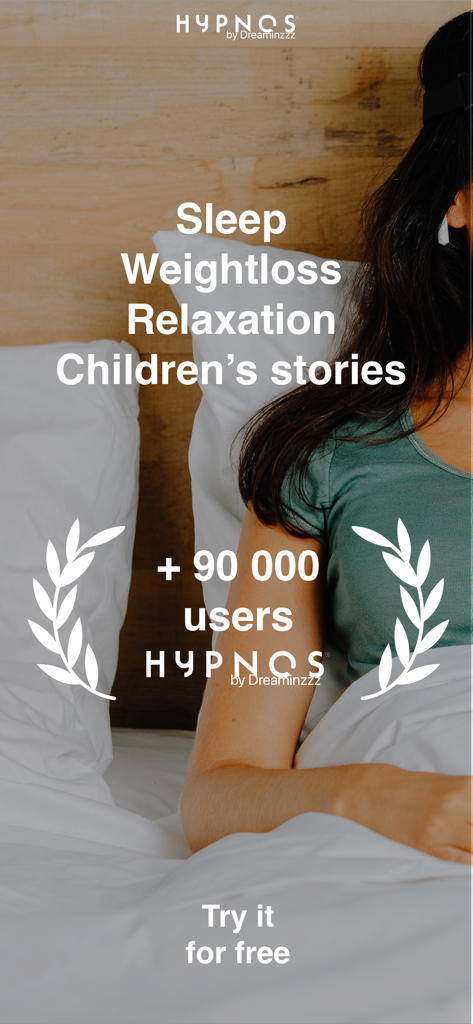 Hypnos: Sleep, Relaxation - A woman lying in bed wearing a sleep mask and earbuds with text highlighting Hypnos app features like sleep and weight loss