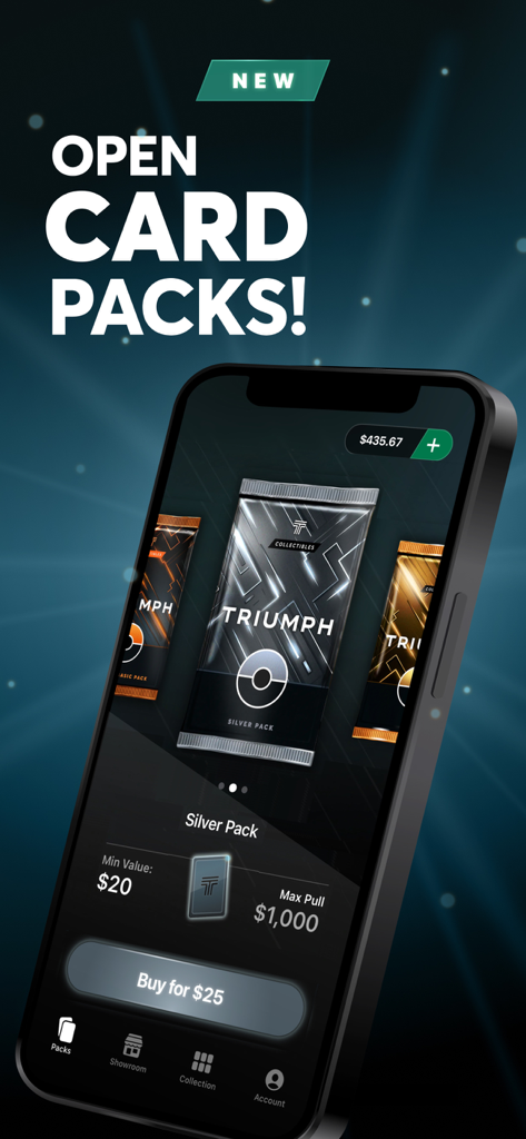A smartphone displaying the Rips by Triumph app interface for buying and opening digital trading card packs