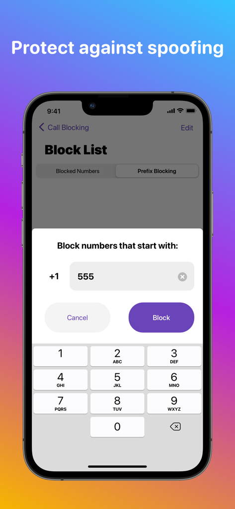 Hiya: Spam Blocker & Caller ID - Interfaccia dell'app Hiya che mostra come bloccare le chiamate per prefisso numerico per prevenire lo spoofing del vicino