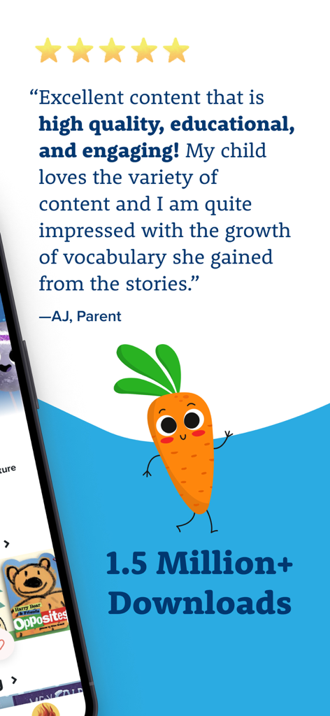 A five star review from a parent praising Vooks for its educational content and vocabulary growth alongside a 1.5 million downloads milestone