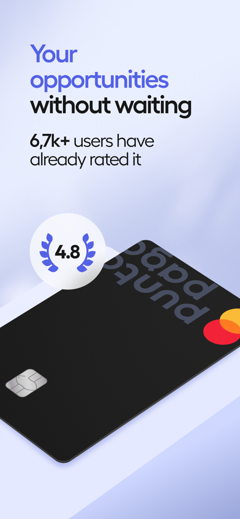 Punto Pago app screenshot showing a black Mastercard and a 4.8 star user rating