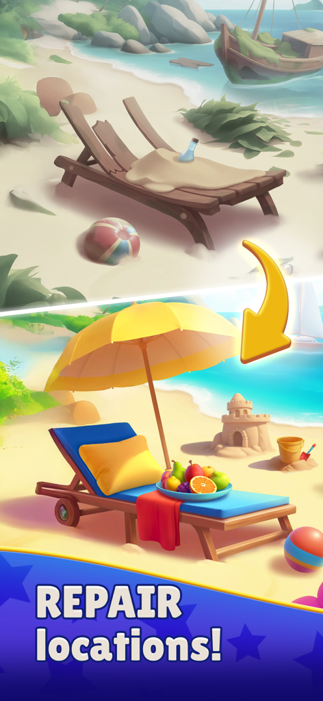 A before and after comparison of a beach location renovation showing a broken chair transformed into a colorful sunbed with fruits and an umbrella.