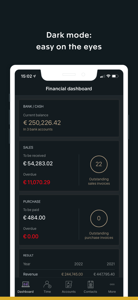 Exact Online - Tableau de bord financier de l'application Exact Online en mode sombre montrant le solde bancaire et les chiffres de vente