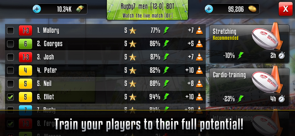 Interface of Rugby Sevens Manager showing player list and training options like stretching and cardio