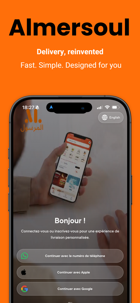 Tela de login e boas-vindas do aplicativo de entrega Almersoul com opções de login social.