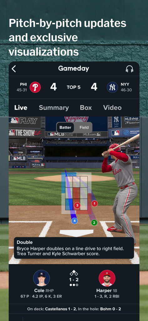 MLB app Gameday screen showing real-time pitch tracking and visualization during a game