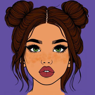 realistic girl with two buns on her hair and lips