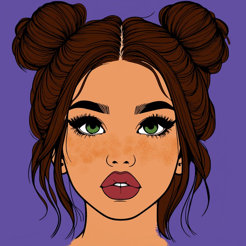 realistic girl with two buns on her hair and lips