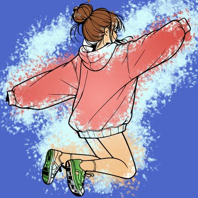 realistic girl jumping with a bun and oversized sweatshirt