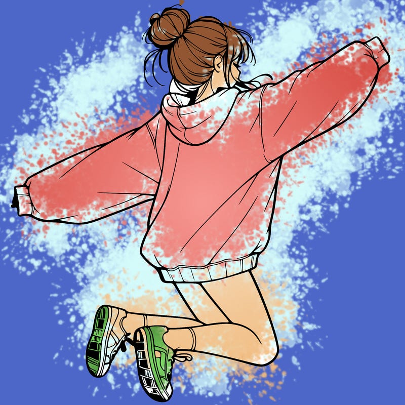 realistic girl jumping with a bun and oversized sweatshirt