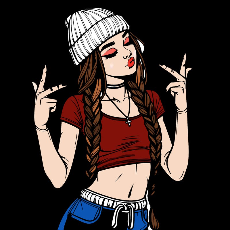 realistic teenage girl with braids and a beanie and crop top doing 🫶🏼