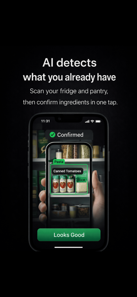 MealSnap: Fridge to Meals - Interfaz de la aplicación MealSnap que muestra IA escaneando una despensa para detectar ingredientes como pasta y tomates enlatados