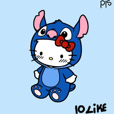 little cute hello kitty, blushing with little stitch costume