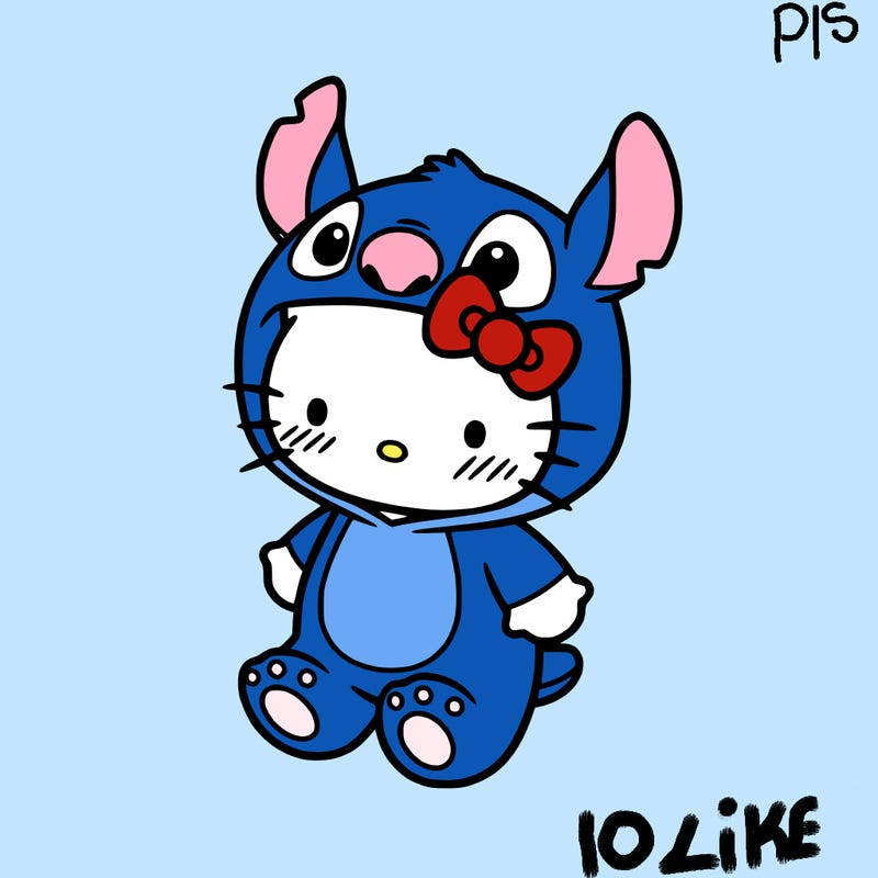 little cute hello kitty, blushing with little stitch costume