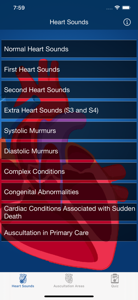 Heart Sounds Auscultation - Main menu screen of the Heart Sounds Auscultation app featuring categories like systolic murmurs and congenital abnormalities over a heart diagram.