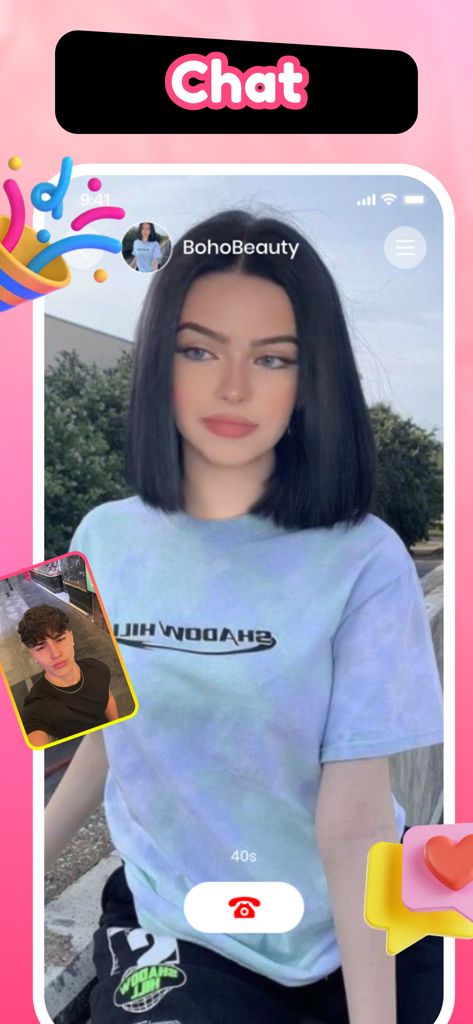 Adult Share & Chat - Vinta - Video chat interface on the Vinta app featuring a live call between a man and a woman.