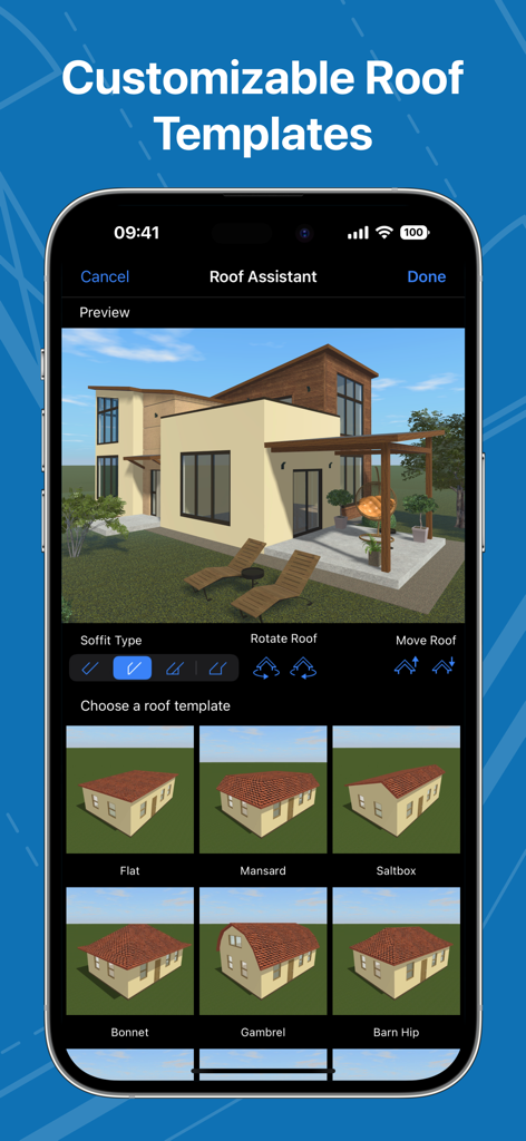 Live Home 3D - House Design - 3D 住宅モデル用のさまざまな屋根テンプレートオプションを備えた、Live Home 3D アプリの屋根アシスタント機能を表示するスマートフォンインターフェース