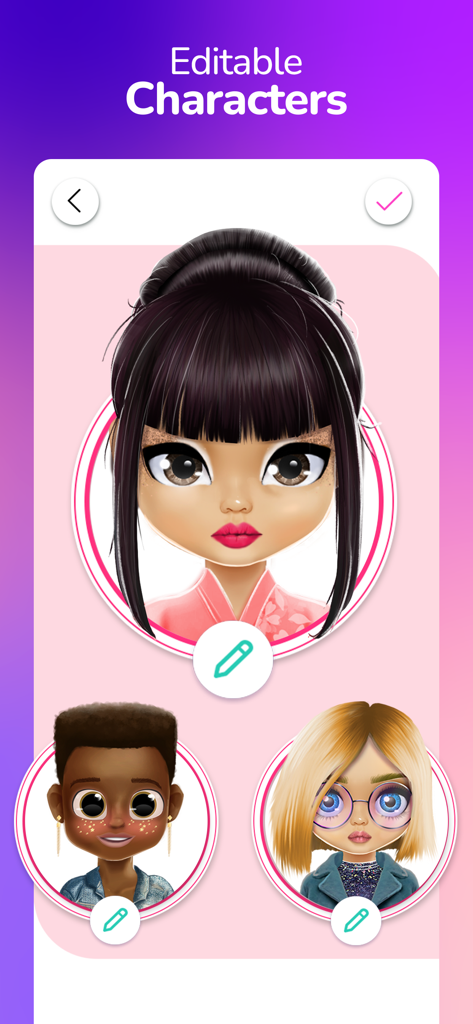 Dollicon - Doll Avatar Maker - Una galería de avatares de muñecas diversos y personalizables con diferentes peinados y tonos de piel en la aplicación Dollicon
