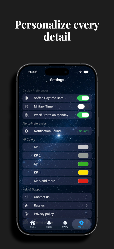 Settings screen of the KP Index Aurora Forecast app showing personalization and color options.