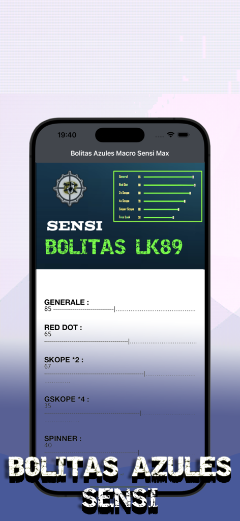 Bolitas Azules Macro-Sensi Max - Interfaz de configuraciones de sensibilidad en la aplicación Bolitas Azules Macro-Sensi Max
