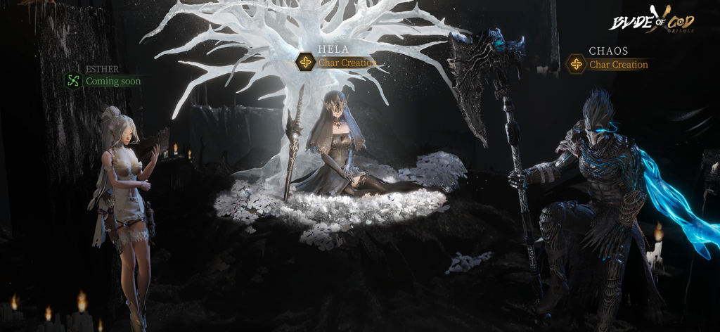 Blade of God X: Orisols - Character selection screen in Blade of God X featuring Hela Chaos and Esther in a dark fantasy setting