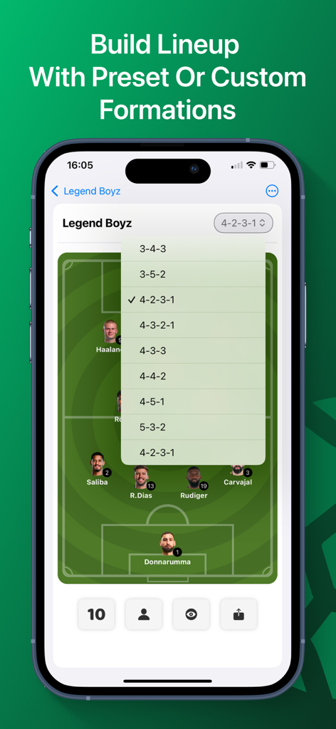 La aplicación Soccer Line Up Builder muestra un menú de selección de formaciones de fútbol en un campo táctico