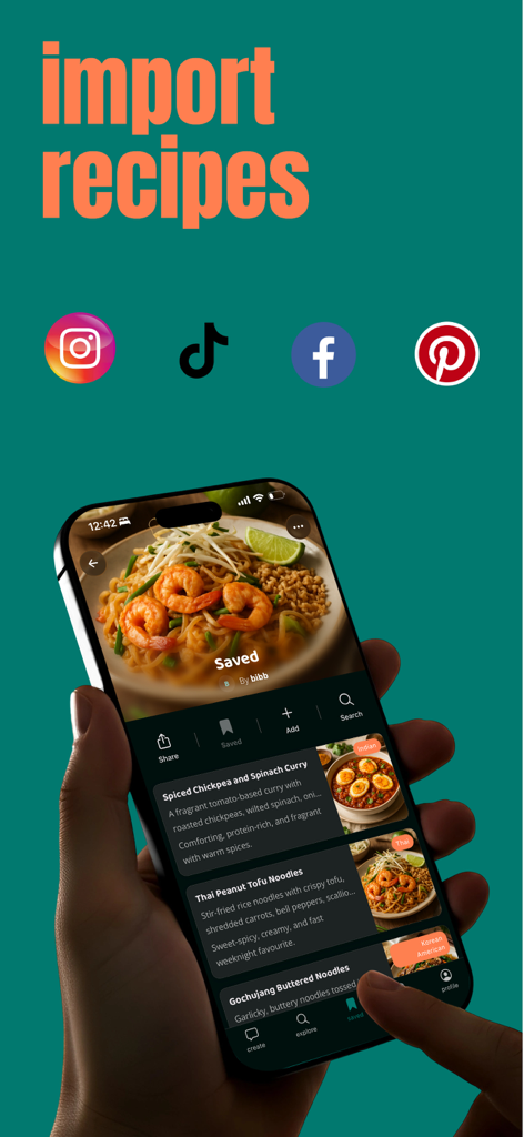 nom - eat better - Nom app interface showing how to import recipes from social media platforms like Instagram and TikTok