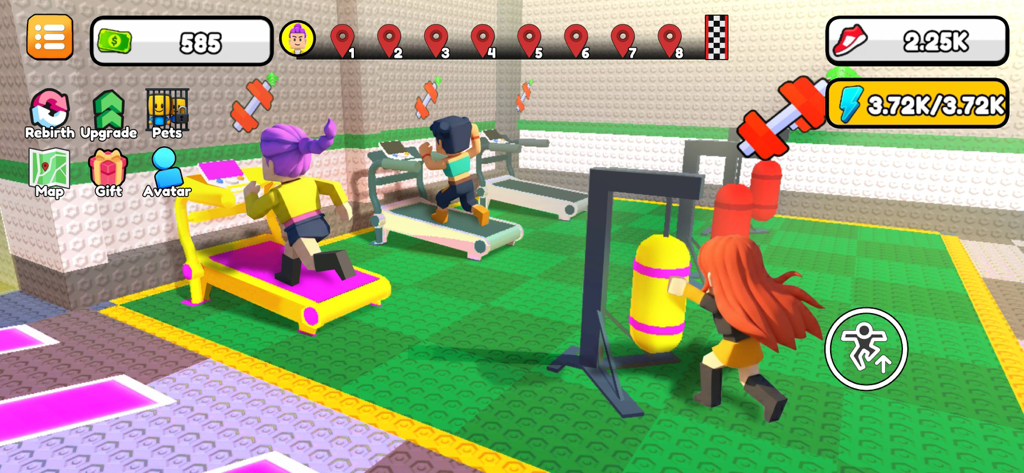 +1 Speed Escape challenges - Roblox-style characters training in a gym on treadmills and punching bags to increase speed.