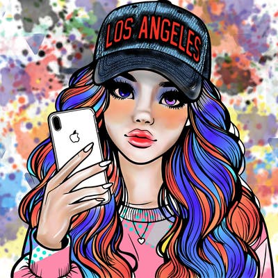 realistic beautiful girl wearing los ángeles cap holding an iphone