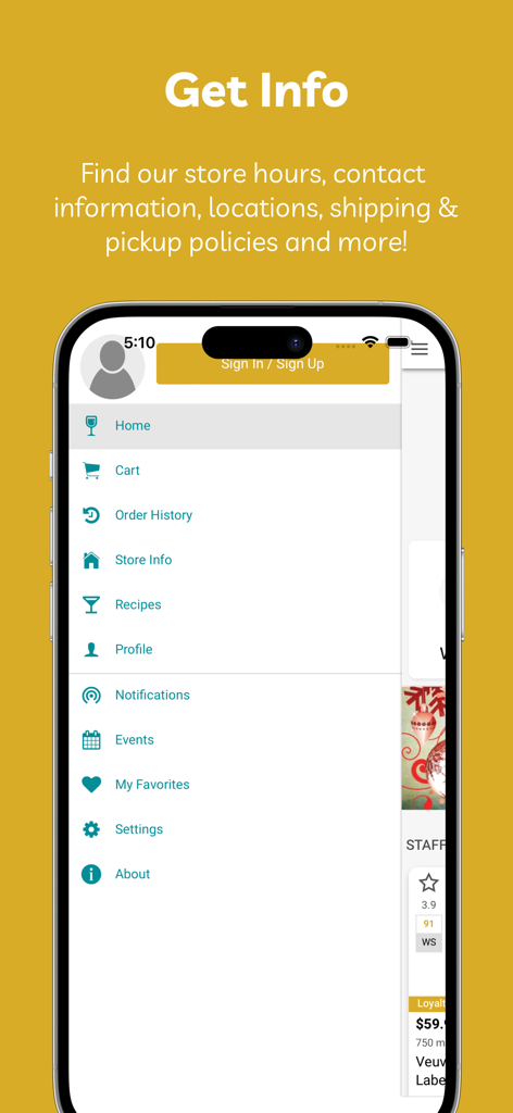 Menú de navegación para la aplicación Hazel's Beverage World con información de la tienda y historial de pedidos