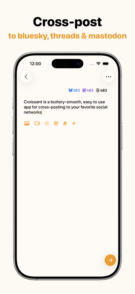 Croissant - Cross-Posting - A smartphone screen displaying the Croissant app composer interface for cross-posting text to Bluesky, Threads, and Mastodon simultaneously.