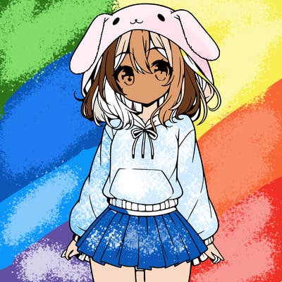 pretty anime girl wearing a fluffy hoodie with bunny ears on the hood and a skirt