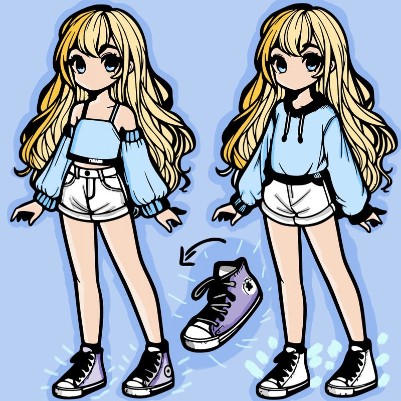 a girl with long hair wearing converse some shorts and a rolled up sweater with an undershirt