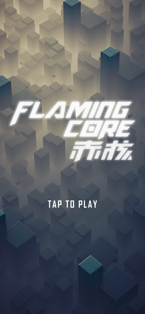 Pantalla de inicio del juego Flaming Core con título de neón y fondo de ciudad futurista