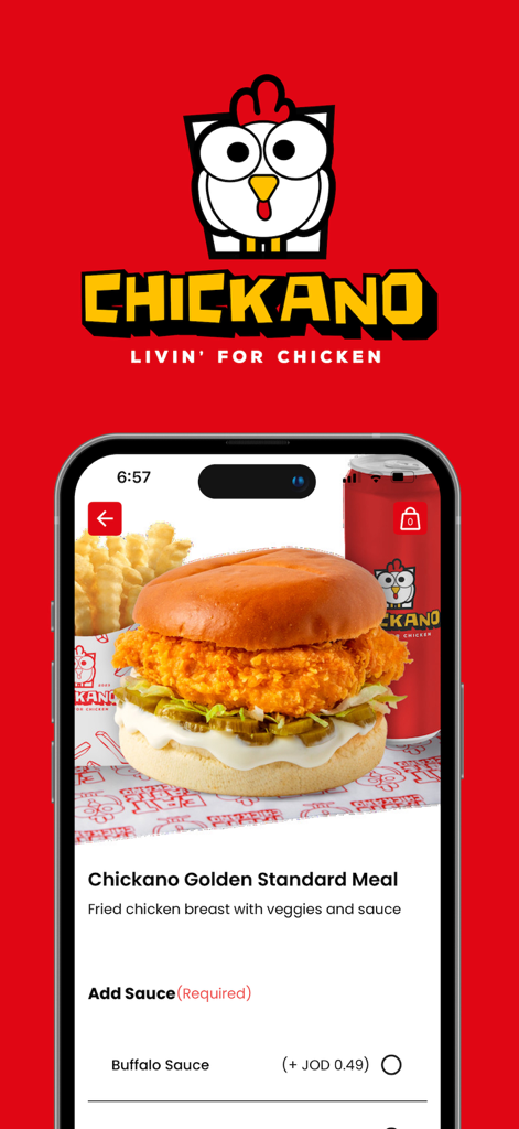 Chickano - Chickano mobile app screen showing a fried chicken burger meal with crinkle fries and a drink.