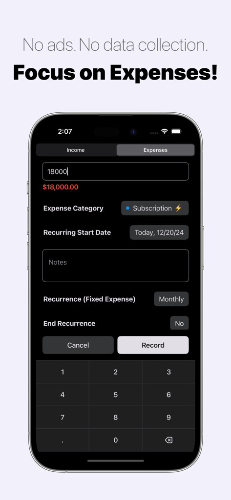 Money Keeper: Expenses Tracker - A minimalist mobile app interface for recording a monthly subscription expense of 18,000 dollars without ads or data collection.