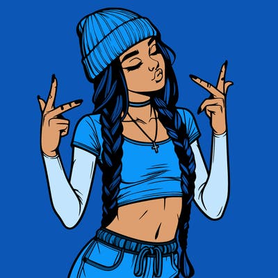 realistic teenage girl with braids and a beanie and crop top doing 🫶🏼