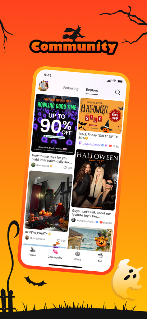 Joyhub - Captura de pantalla de la pestaña de exploración comunitaria de la aplicación Joyhub con publicaciones y ofertas temáticas de Halloween