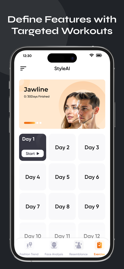 A 30-day jawline workout plan on the Style AI mobile app interface.