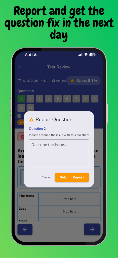 NAPLAN 7 Online Test - Screenshot of the report question feature in the NAPLAN 7 Online Test app where users can describe and submit issues for fixes.