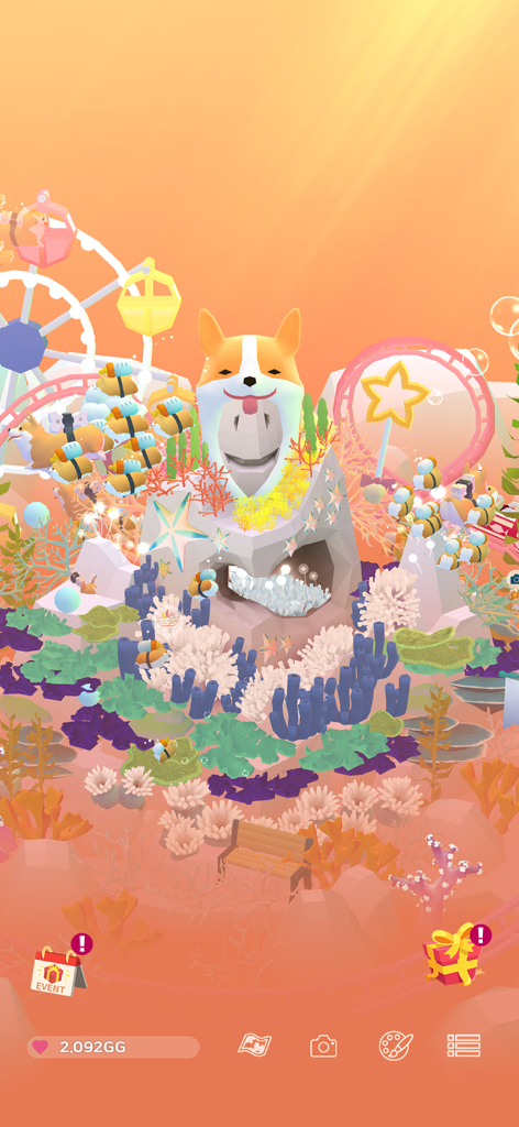 Tap Tap Fish - AbyssRium - A vibrant underwater scene in AbyssRium featuring a Corgi-shaped corallite and amusement park decorations.