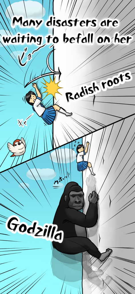 RadishGirl - Uma garota escolar escala um rabanete gigante evitando raízes e um gorila.