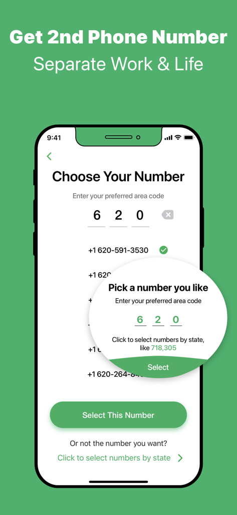 Interface do aplicativo Número de Telefone Secundário mostrando o processo de seleção de um novo número de telefone por código de área.