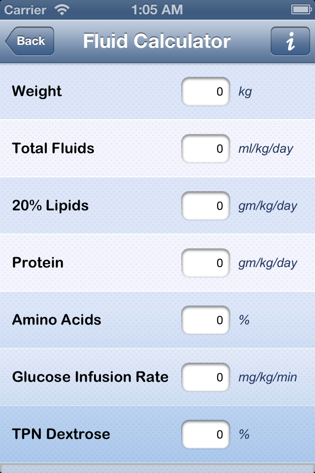NICU Calculator - Interface of the Fluid Calculator in the NICU Calculator app showing input fields for weight total fluids lipids and glucose infusion rate