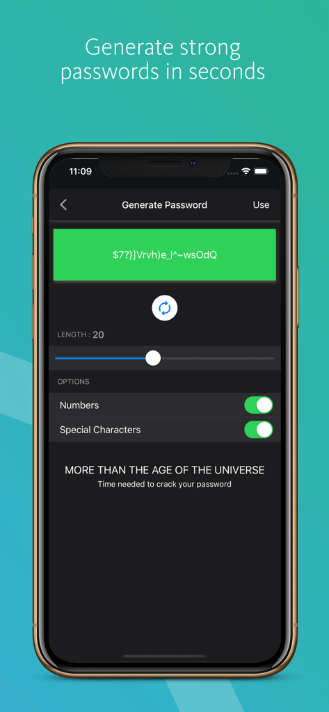 Avira Password Manager App-Oberfläche, die die Funktion zur Generierung sicherer Passwörter anzeigt