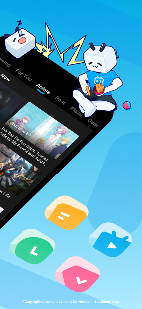 BiliBili -HD Anime, Videos - BiliBili app interface displaying anime content and social community tabs