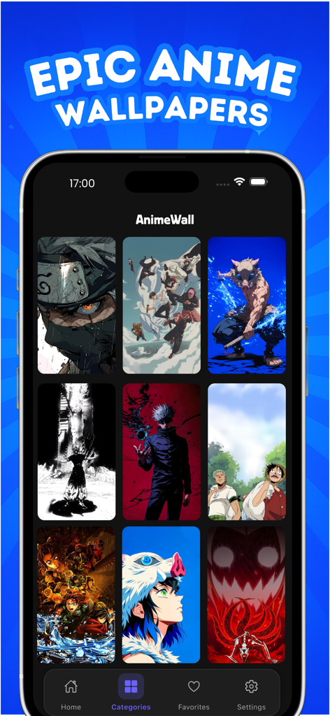 AnimeWalls:Anime Wallpapers - La aplicación AnimeWalls mostrando una colección de fondos de pantalla de anime de alta definición en la pantalla de un smartphone