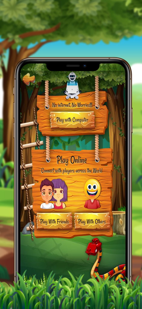Main menu of Snakes and Ladders Pro showing options to play online or with the computer in a jungle themed interface