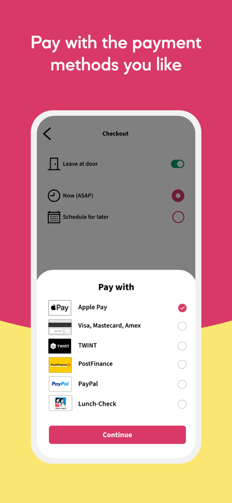Smood, the Swiss Delivery App - Smood app checkout screen with several payment methods including Apple Pay and TWINT